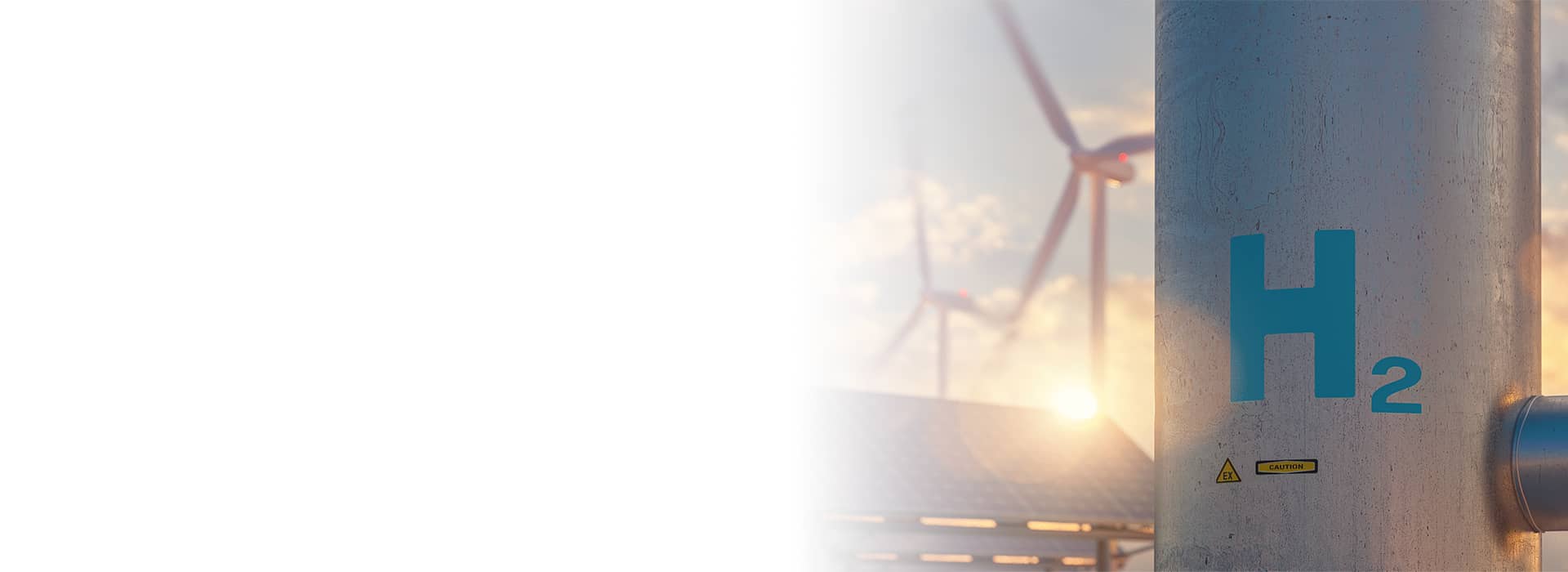 Wasserstoff Anlage mit H2 Kennzeichnung und Windrädern als Symbol für Energiewende und Zukunftstechnologien