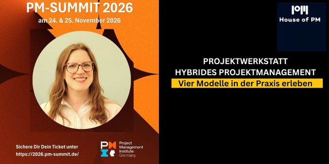 Julia Hartenstein als Speakerin beim PM Summit 2026 mit Hinweis auf ihren Vortrag zu Projektmanagement in Zeiten hybrider Zusammenarbeit.