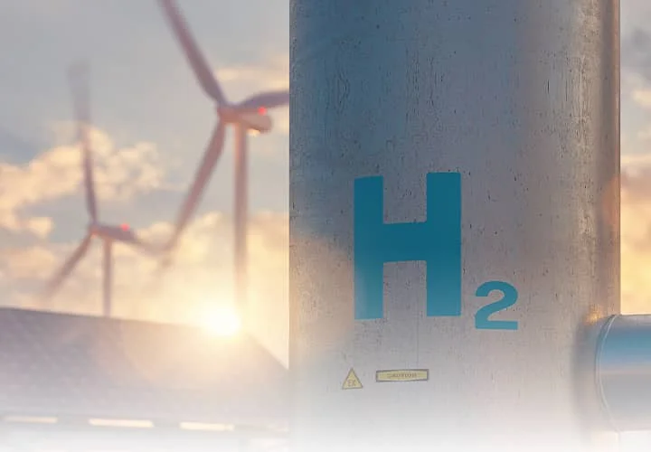 Wasserstoff Anlage mit H2 Kennzeichnung und Windrädern als Symbol für Energiewende und Zukunftstechnologien